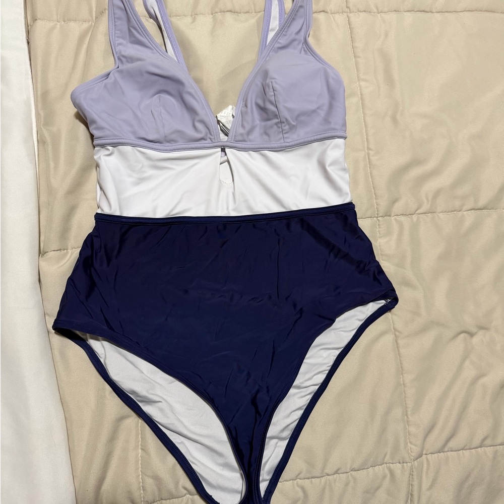 Stylish One Piece Swimsuit - Purple, White, and Navy